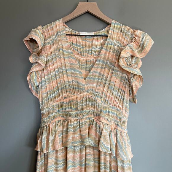 Ulla Johnson Bendetta Dress in Opal Sz 4 Peach Cream Blue Silk Chiffon Ruffles - Picture 5 of 16
